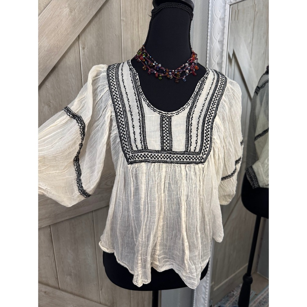 J. Slee Women Cream Black Embroidered Cotton Gauze Boho Blouse Top Small